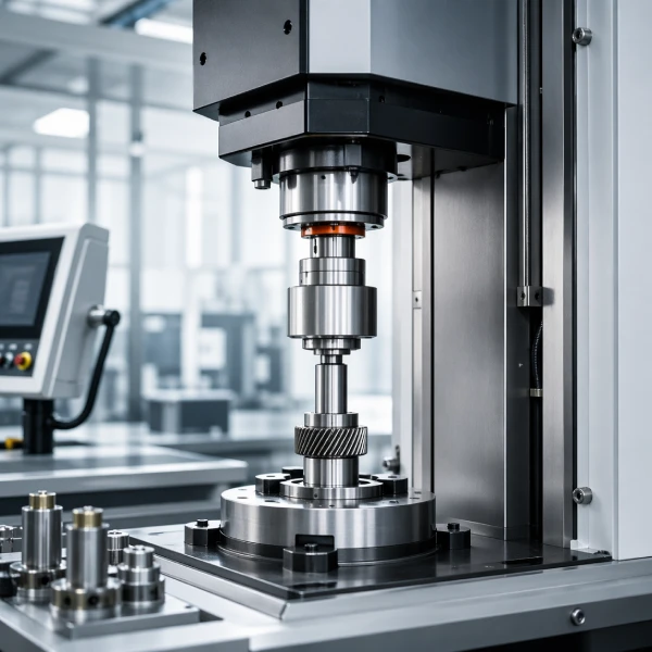 servo assembly press performing precision metal press fitting in industrial workshop