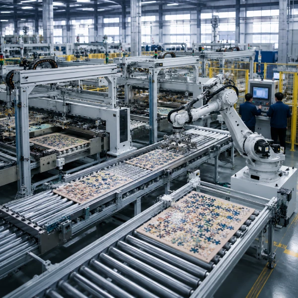 Automatic puzzle production line with integrated conveyor systems and factory automation