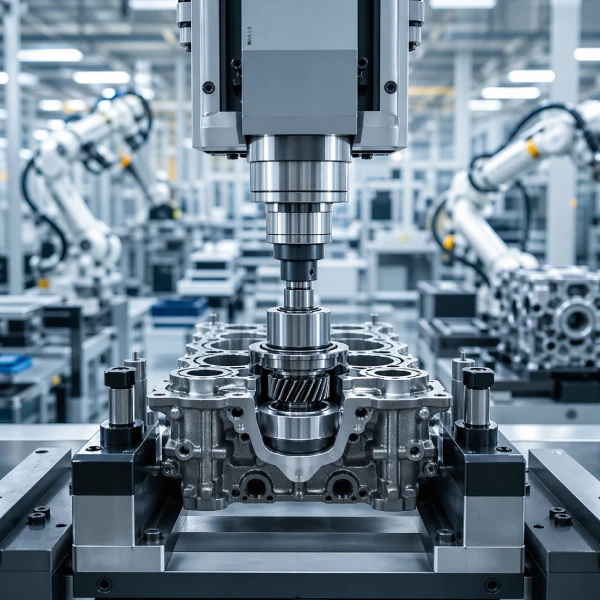 precision assembly press installing engine component in automotive manufacturing