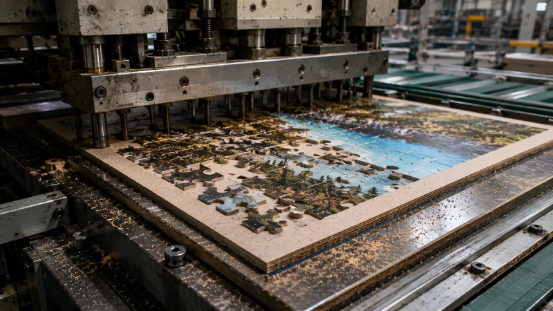 Close-up of industrial cardboard puzzle die cutting process with precision interlocking puzzle piece cutting on mounted puzzle board