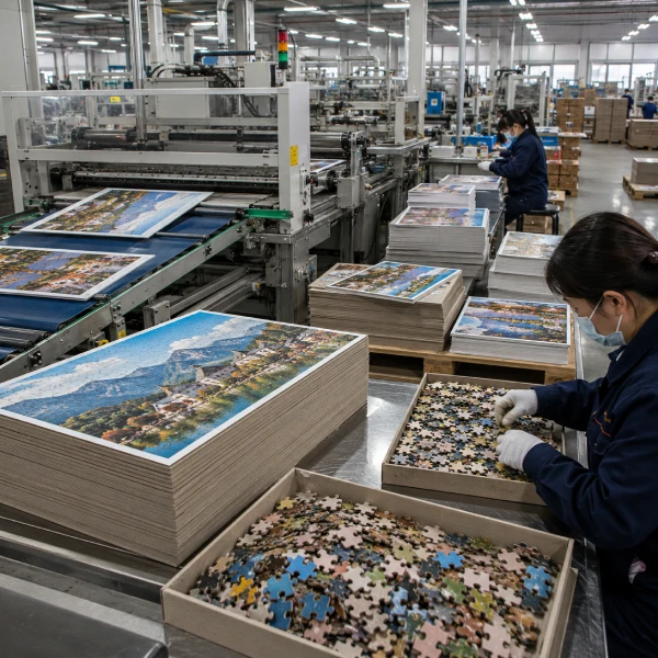 Industrial cardboard puzzle manufacturing factory with printed puzzle boards, puzzle piece inspection, and automated production workflow