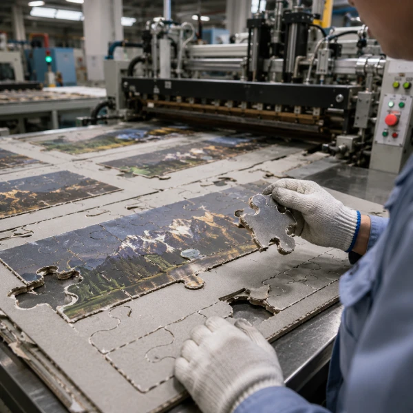 Industrial puzzle manufacturing defects including burrs and misaligned puzzle pieces during quality inspection
