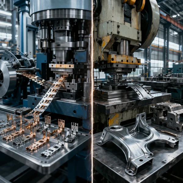 High-speed stamping press compared with conventional stamping press in a factory setting