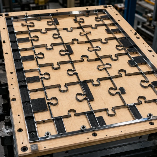 Industrial steel rule puzzle cutting die with precision blade structure and die board construction