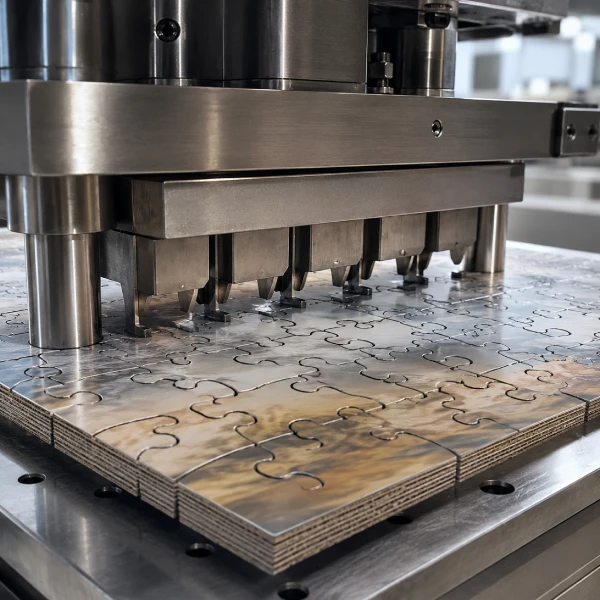Industrial puzzle cutting die creating precise interlocking puzzle pieces during manufacturing
