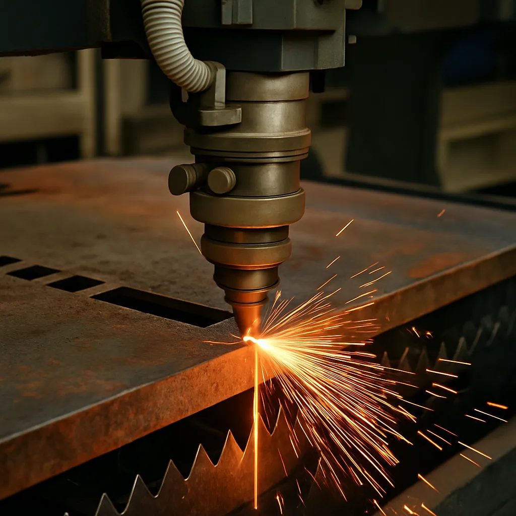 Industrial cutting and shearing process with sparks on metal sheet