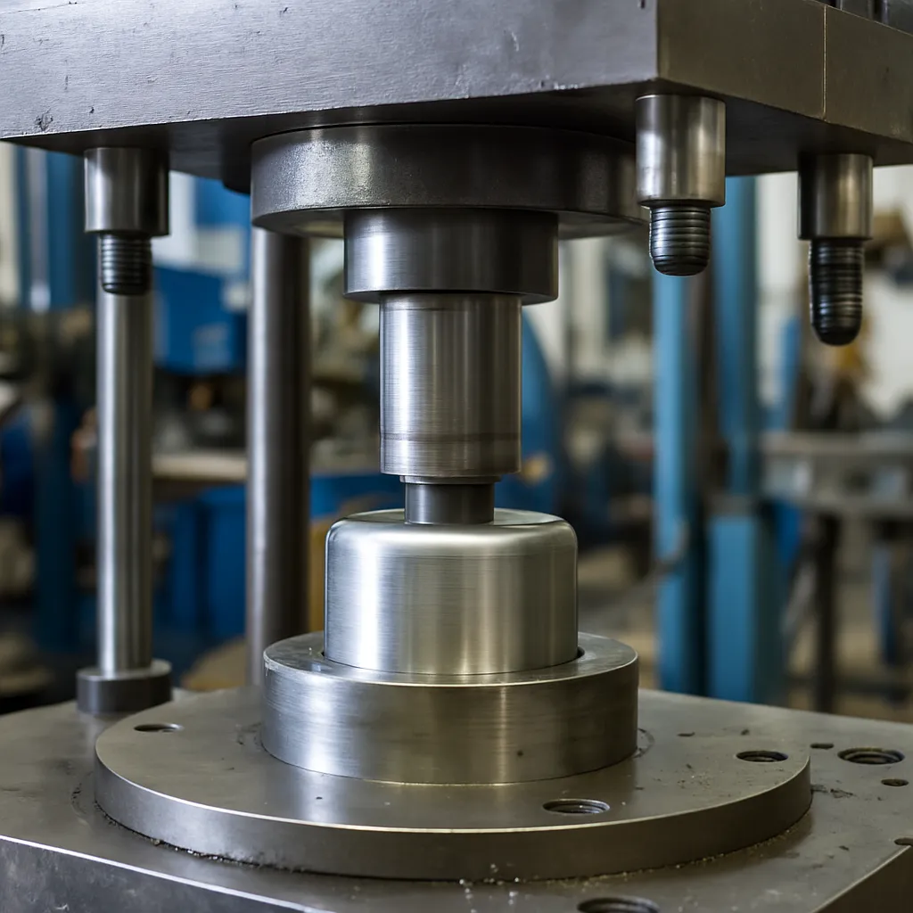 Hydraulic press performing deep drawing on a cylindrical metal workpiece