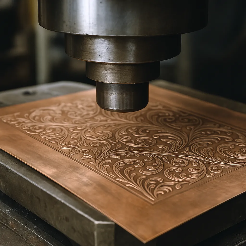 Hydraulic press embossing intricate patterns on a metal sheet