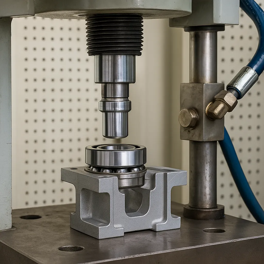 Hydraulic press fitting a bearing into an aluminum housing component