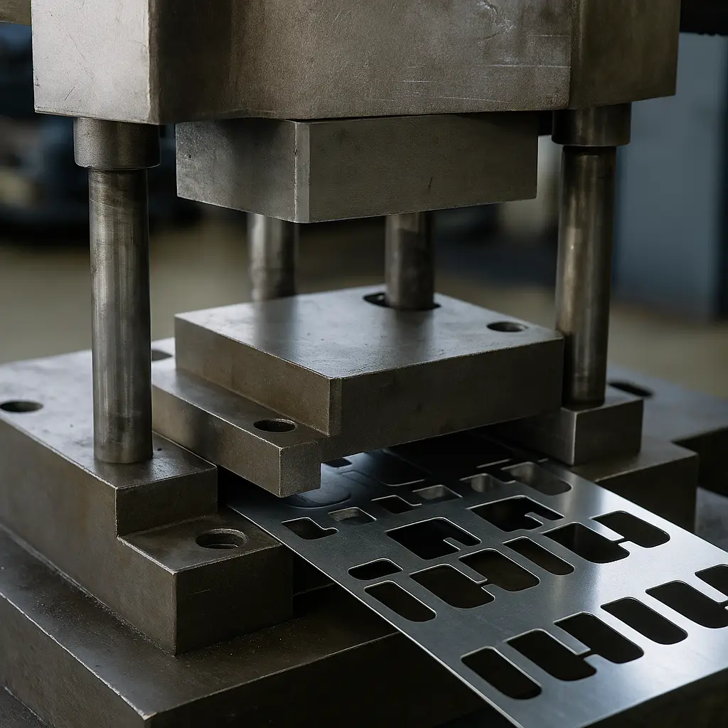 Hydraulic press stamping metal sheet with precision cutouts