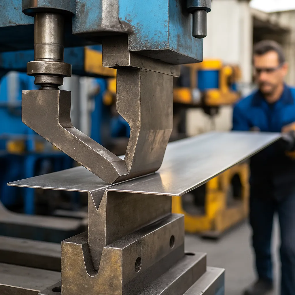 Hydraulic press bending a thick metal sheet with V-die tooling