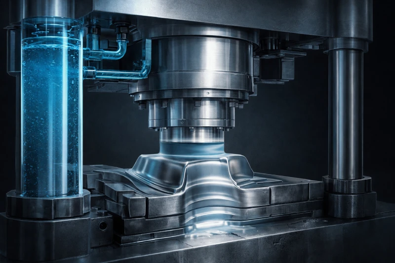 hydraulic stamping press structure showing controlled force forming process