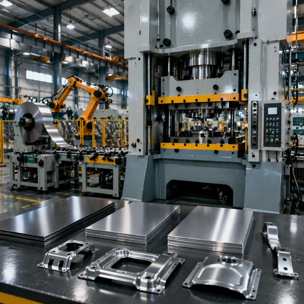 Modern metal stamping press factory with steel, aluminum, and stainless steel parts