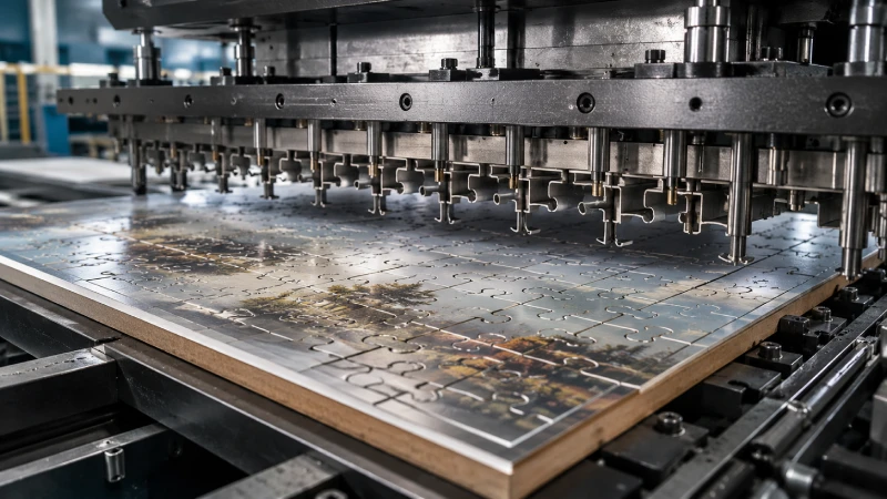 Precision steel rule puzzle cutting die aligned over laminated cardboard board during industrial manufacturing