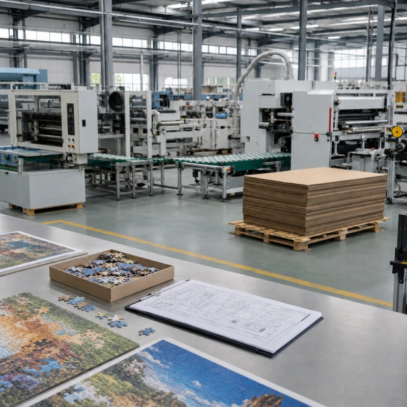 Puzzle manufacturing business factory setup with puzzle production machinery, cardboard sheets, sample puzzles, and production planning documents