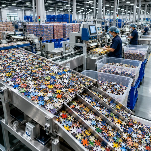 Industrial puzzle packaging process with puzzle piece sorting and counting systems in a modern factory