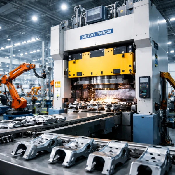 servo press forming automotive metal components in manufacturing plant
