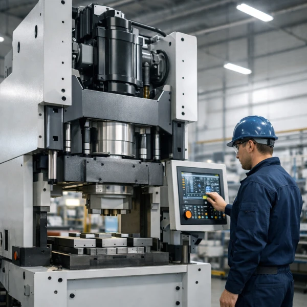 industrial servo press machine with engineer operating control panel in manufacturing factory