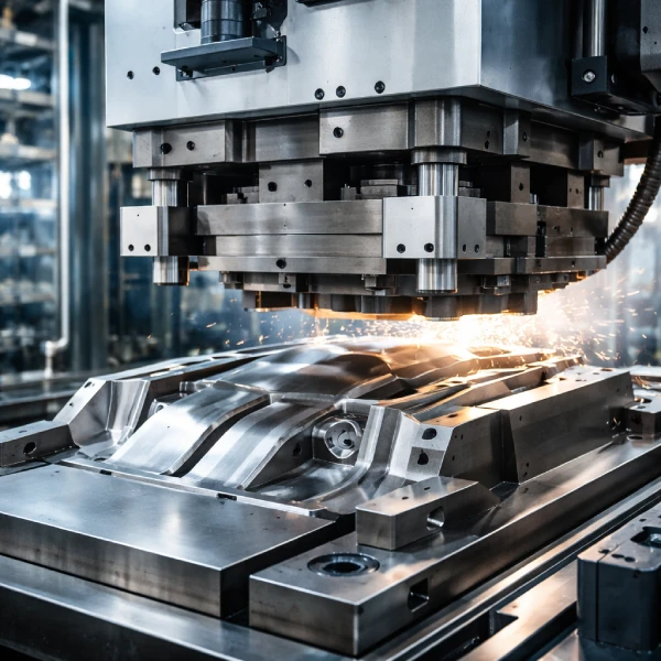 servo press machine performing metal stamping operation in manufacturing plant