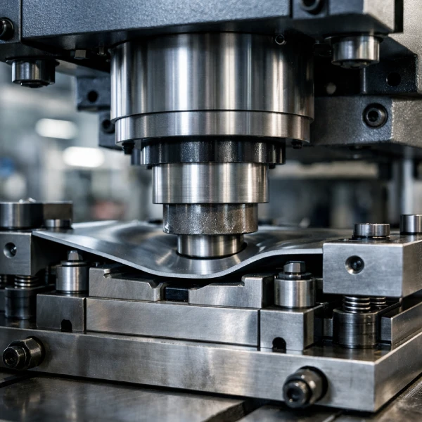 servo press applying forming force to sheet metal during industrial stamping