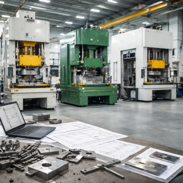 Industrial stamping press selection with mechanical, hydraulic, and servo presses in factory workshop