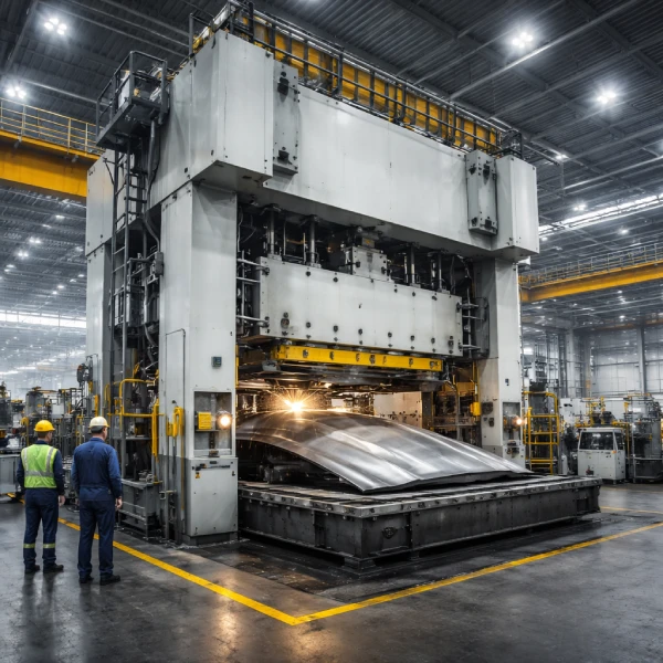 Large stamping press forming an oversized automotive body panel in a factory