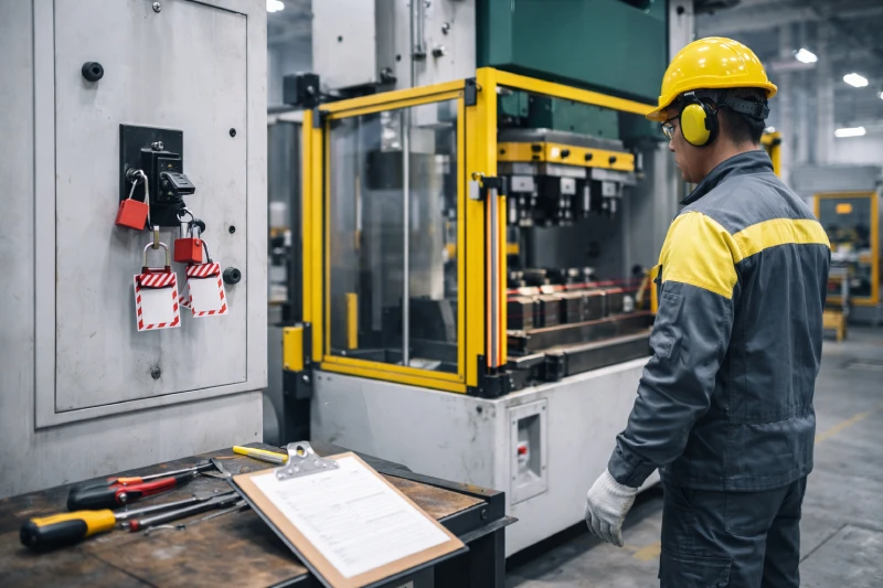 Technician performing lockout tagout inspection on a stamping press