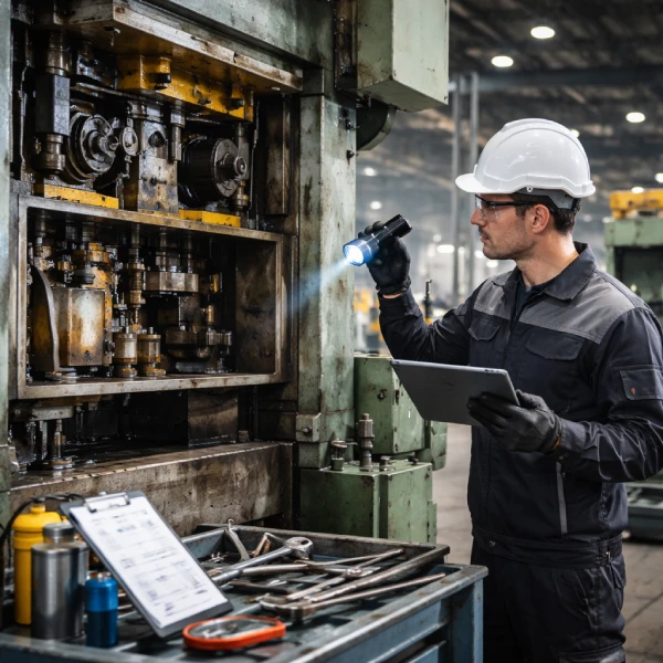 Technician inspecting an industrial stamping press during preventive maintenance