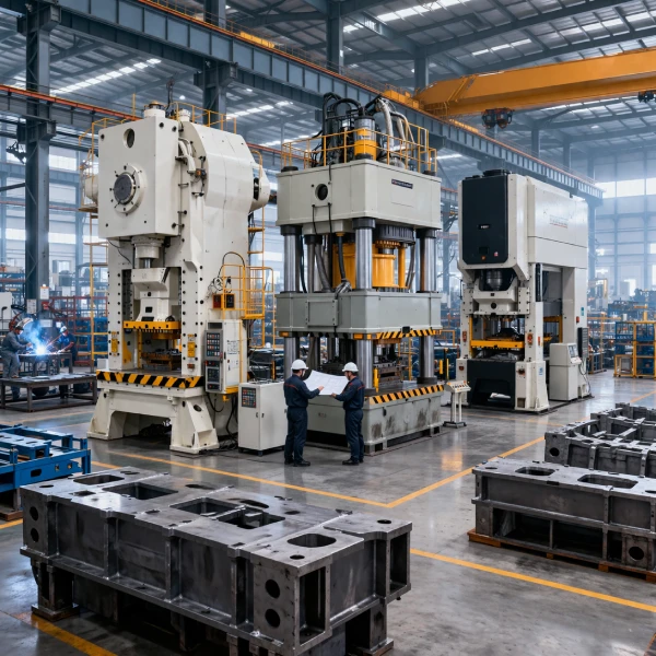 Industrial stamping press manufacturing factory with mechanical, hydraulic, and high-speed presses