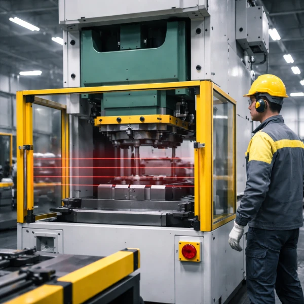 Stamping press with safety guard, light curtain and operator wearing PPE