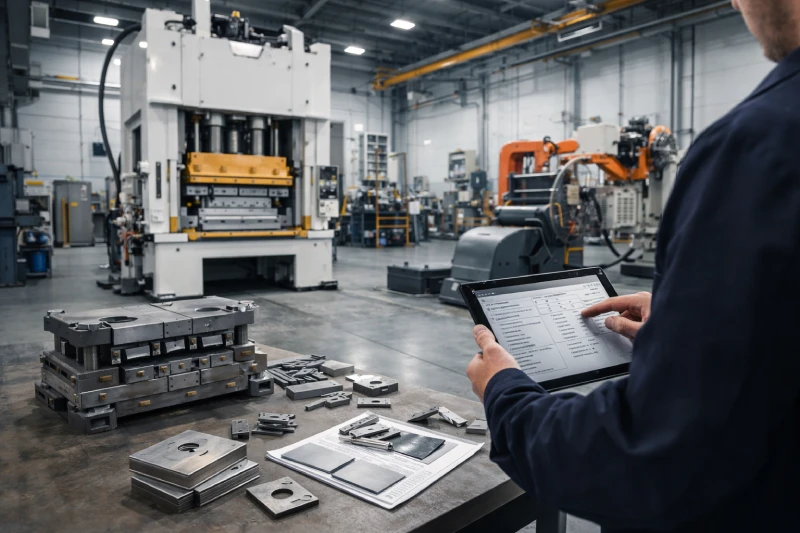 Large industrial stamping press with dies, metal parts, automation feeder, and engineering tools in factory workshop