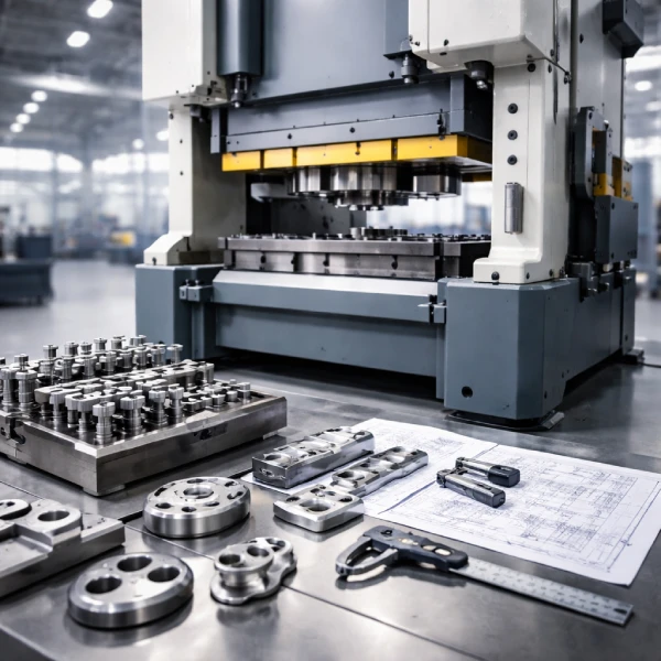 Industrial stamping press with metal dies and measurement tools in factory workshop