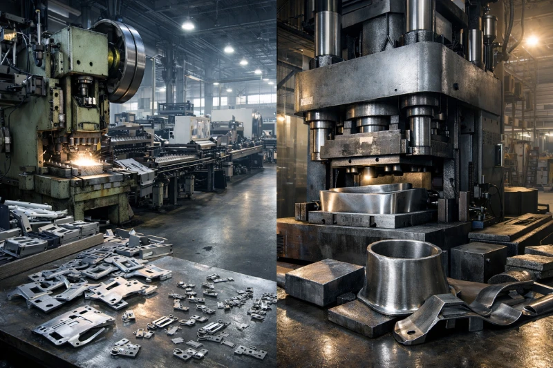 Mechanical stamping press and hydraulic press used for different metal forming applications in a factory