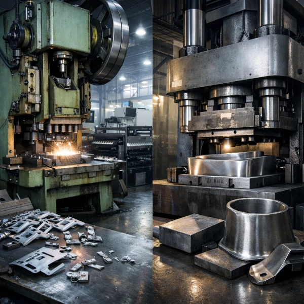 Mechanical stamping press and hydraulic press side-by-side in a metal fabrication factory