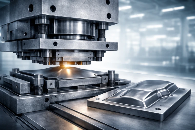 stamping press process showing metal sheet forming inside die