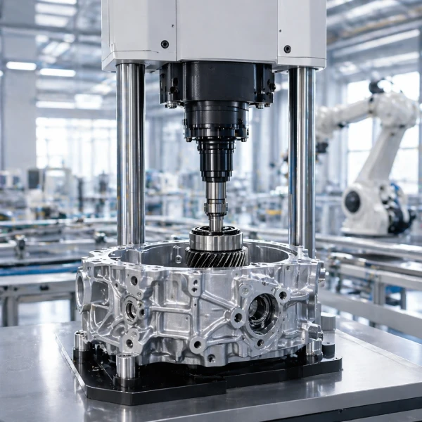 Servo assembly press installing a gear shaft into an automotive transmission housing